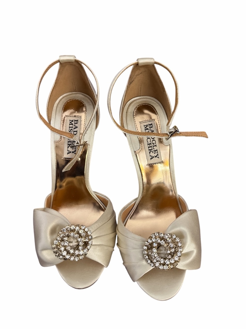 Badgley Mischka Champagne Satin Crystal-Buckle Ankle-Strap Heels